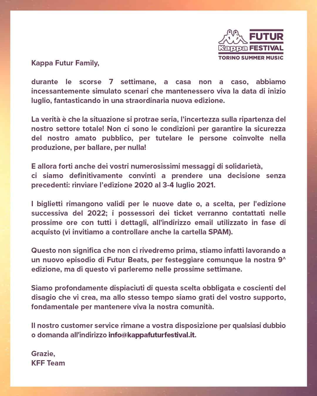 Kappa FuturFestival 2020 - Comunicato